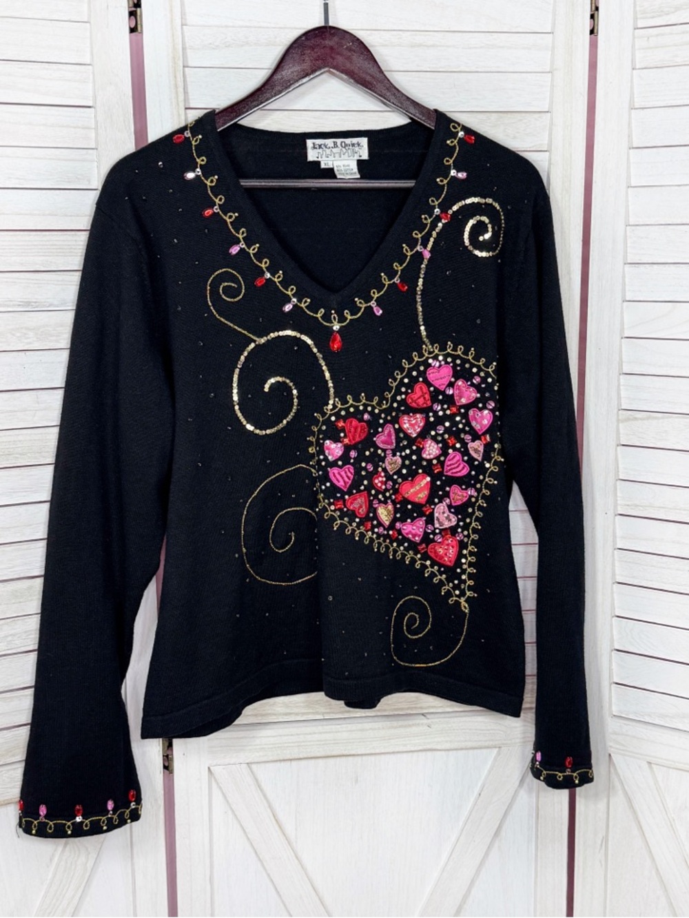 Vintage 90s Jack B Quick Embroidered Beaded Heart Cottagecore Sweater Black XL - Picture 7 of 11